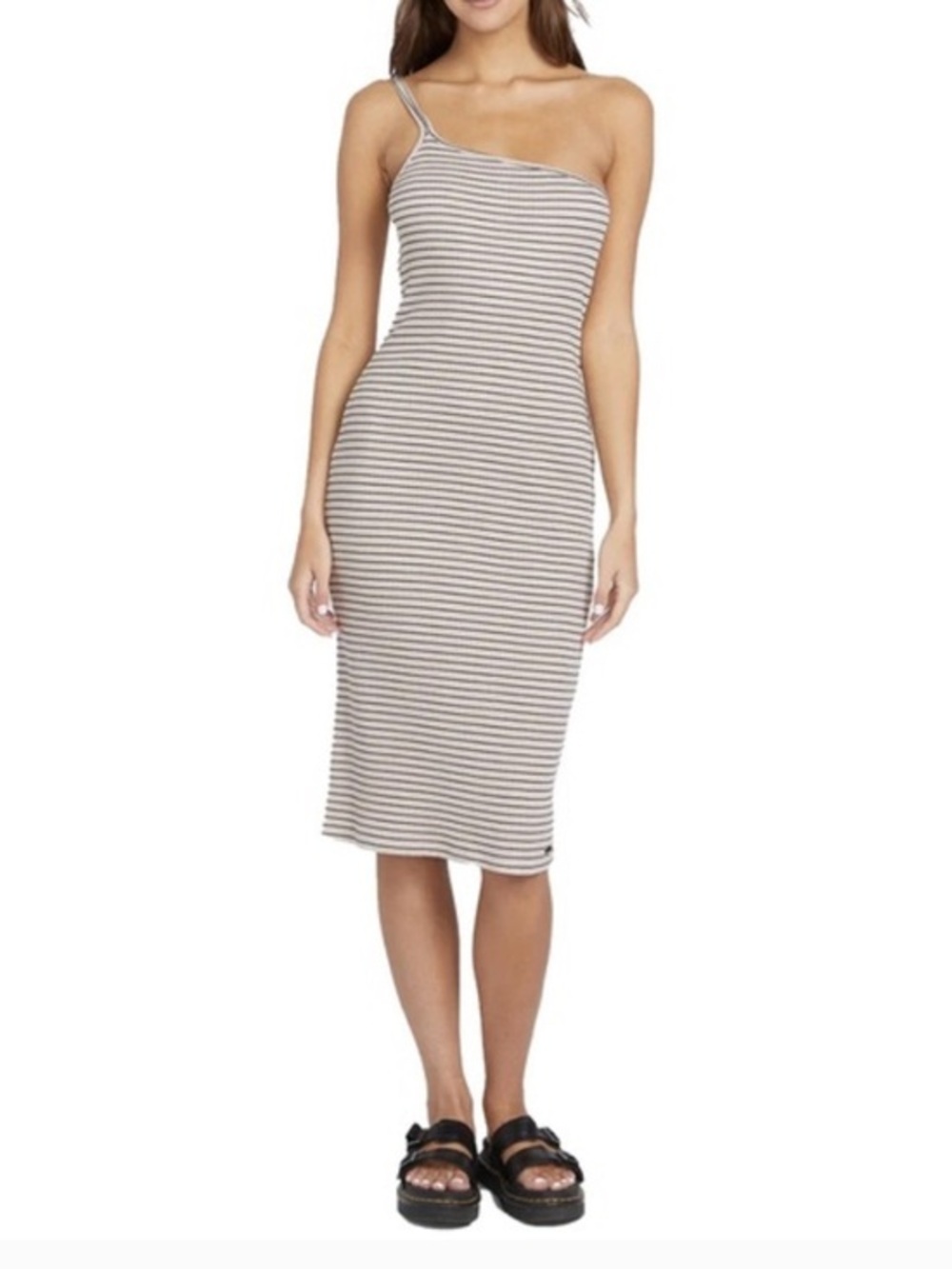 Volcom One-Shoulder Striped Midi Dress - Tan&Black